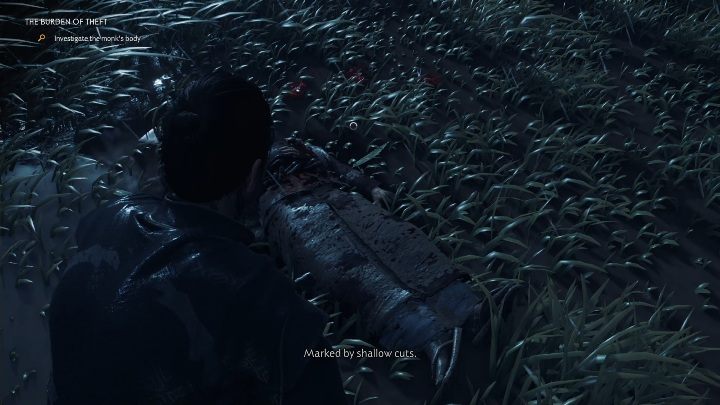 Po dotarciu w wyznaczone miejsce musisz zbadać ciało zmarłego mnicha - Ghost of Tsushima: Brzemię kradzieży (The Burden of Theft) solucja - Ghost of Tsushima - poradnik do gry