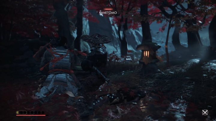 Pojedynek z Kanetomo stoczysz na polanie, która pokryta jest czerwonymi, jesiennymi liśćmi - Ghost of Tsushima: Toyotama - pojedynki, sekrety, znajdźki - Ghost of Tsushima - poradnik do gry