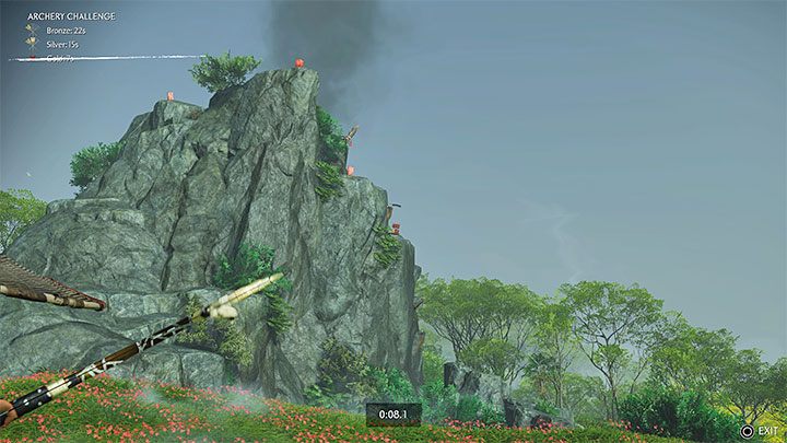 Pamiętajcie o tym żeby mierzyć wyżej podczas oddawania strzałów do bardziej oddalonych celów, gdyż wypuszczane strzały z oczywistych względów nie lecą dokładnie w linii prostej - Ghost of Tsushima Iki Island: Wyzwania łucznicze - Ghost of Tsushima - poradnik do gry