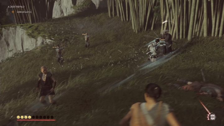 Gdy pojawi się zgraja przeciwników użyj swoich dodatkowych zdolności - Ghost of Tsushima: Spłacony dług (A Debt Repaid) solucja - Ghost of Tsushima - poradnik do gry
