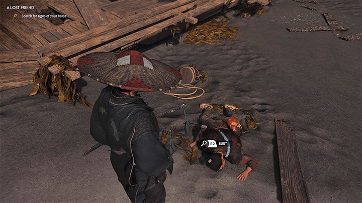 Obok rozbitego statku znajdziecie martwego kapitana i opcjonalnie możecie zdecydować się na pochowanie go - Ghost of Tsushima Iki Island: Utracony przyjaciel - solucja, opis przejścia - Ghost of Tsushima - poradnik do gry