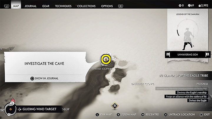 Waszym celem podróży jest pokazane na obrazkach wielkie wejście do Tajemniczej jaskini (Mysterious Cave) - Ghost of Tsushima Iki Island: Legenda Czarnorękiego Riku - opis przejścia - Ghost of Tsushima - poradnik do gry
