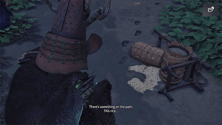 W celu posunięcia questu do przodu zlokalizujcie pokazany na obrazku rozsypany ryż - Ghost of Tsushima Iki Island: Skutek straty - solucja, opis przejścia - Ghost of Tsushima - poradnik do gry