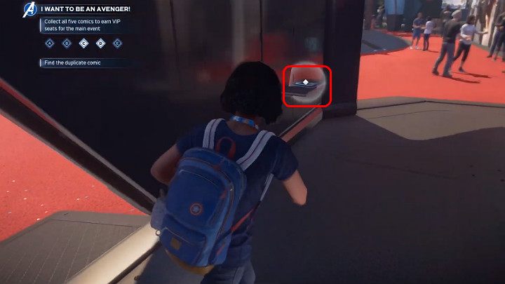 Przechodząc przez stoisko Kapitana Ameryki spójrz w lewą stronę - Marvels Avengers: Chcę zostać Avengerem! - sekrety, znajdźki - Marvels Avengers - poradnik do gry