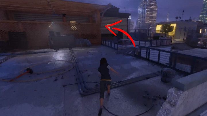 Przeskakując pomiędzy kolejnymi dachami budynków zwróć uwagę na ten, który posiada drewnianą dobudówkę - jakby altankę - Marvels Avengers: Nowa codzienność - sekrety, znajdźki - Marvels Avengers - poradnik do gry