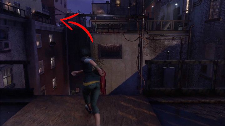 Po scenie, w której Kamala będzie świadkiem rozmowy Syntoida AIM z cywilem wdrap się na następny budynek - Marvels Avengers: Nowa codzienność - sekrety, znajdźki - Marvels Avengers - poradnik do gry