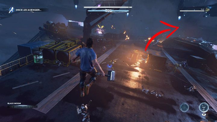 Po tym, jak wcielisz się w Thora leć prawą stroną w miejsce, na które wskazuje czerwona strzałka na powyższym obrazku - Marvels Avengers: Avenger na zawsze - sekrety, znajdźki - Marvels Avengers - poradnik do gry