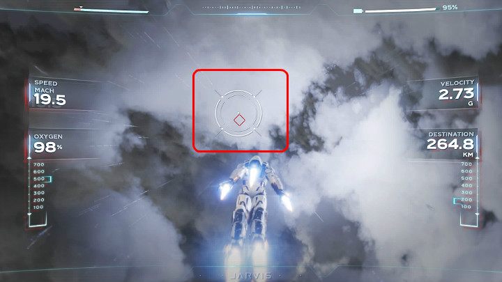 W trakcie lotu Iron Man będzie szargany na wszystkie strony przez silne podmuchy wiatru, a Twoim zadaniem będzie trzymanie okrągłego celownika na czerwonym znaczniku - Marvels Avengers: Próba 1, 2, 3 / Testing 1, 2, 3 - solucja - Marvels Avengers - poradnik do gry