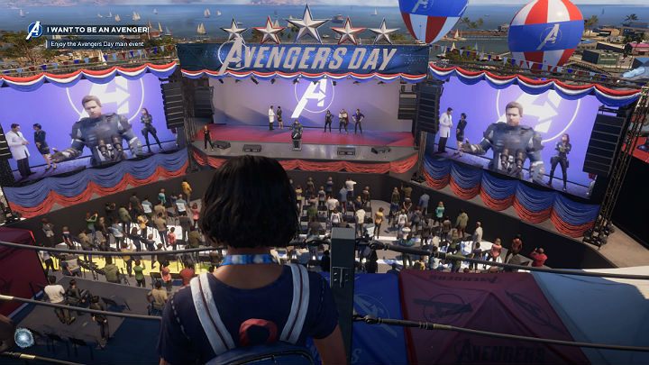 Po krótkiej chwili znajdziesz się na punkcie widokowym dla VIP-ów skąd będziesz mógł obejrzeć główną część pokazu dnia Avengers - Marvels Avengers: Chcę zostać Avengerem/I want to be an Avenger - solucja - Marvels Avengers - poradnik do gry