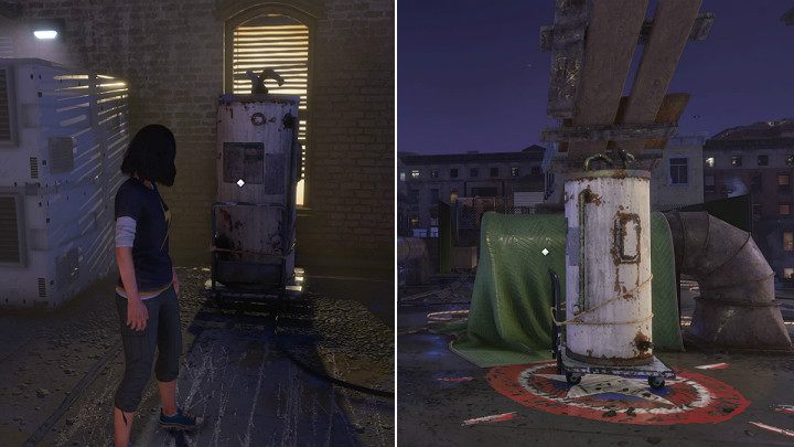 Podejdź do wózka z metalowym bojlerem, złap go, a następnie przesuń na miejsce oznaczone znakiem Kapitana Ameryka, dokładnie pod przechyloną deskę - Marvels Avengers: Nowa codzienność/New normal - solucja, opis przejścia - Marvels Avengers - poradnik do gry