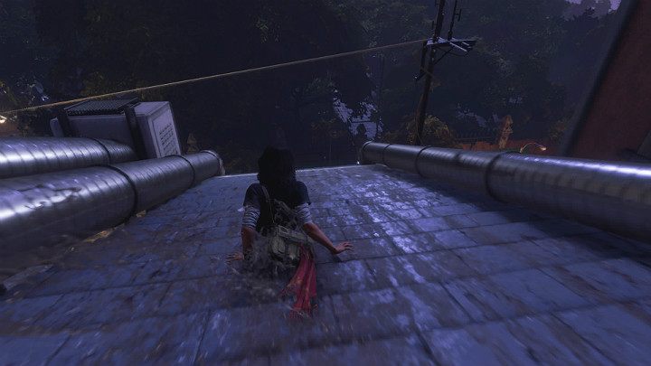 Gdy zaczniesz zjeżdżać po pochyłych dachach budynków będziesz musiał przeskakiwać z jednego budynku na drugi, a następnie wskoczyć na linę, którą zjedziesz prosto do Parku Bohaterów - Marvels Avengers: Nowa codzienność/New normal - solucja, opis przejścia - Marvels Avengers - poradnik do gry