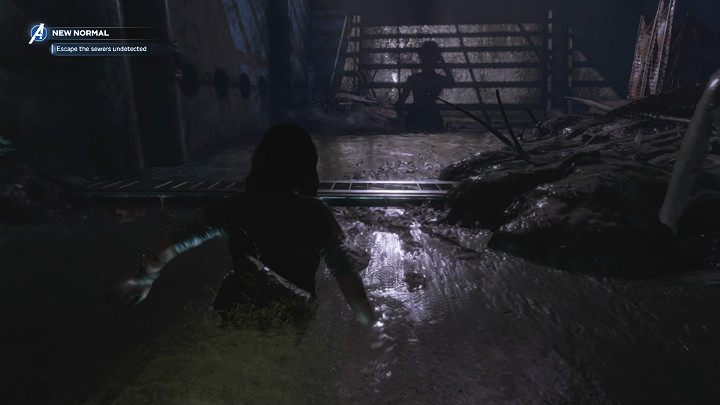 Lawirując wśród sterty śmieci brnij przez kanały przed siebie i uważaj na drony zwiadowcze, które pojawią się za Twoimi plecami - Marvels Avengers: Nowa codzienność/New normal - solucja, opis przejścia - Marvels Avengers - poradnik do gry