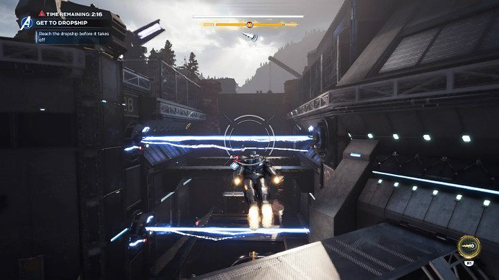 Najszybszym i prawdopodobnie najlepszym sposobem na przejście przez niezwykle dobrze uzbrojoną placówkę AIM jest po prostu przełączenie się na tryb szybkiego latania i lawirowanie pomiędzy wrogimi działkami - Marvels Avengers: Poszukiwania zbroi/Armor chase - solucja, opis przejścia - Marvels Avengers - poradnik do gry