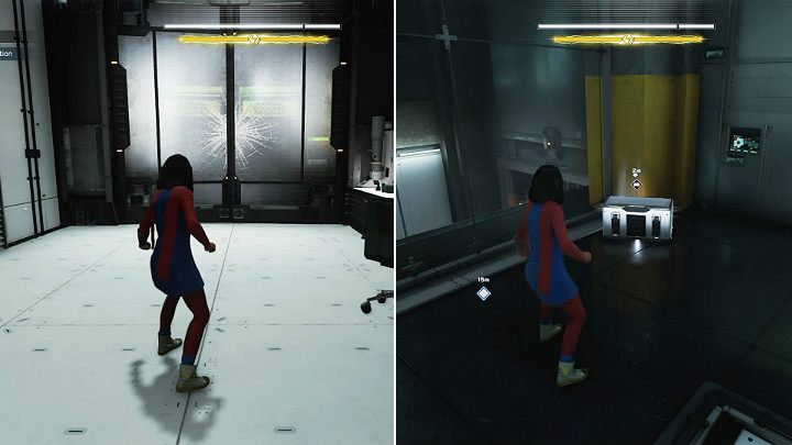 Na piętrze, za nadpękniętymi drzwiami znajdziesz duże biuro, a w nim nieco kontenerów z zasobami i srebrną skrzynię z wyposażeniem - Marvels Avengers: Ucieczka z więzienia/Breakout - solucja, opis przejścia - Marvels Avengers - poradnik do gry