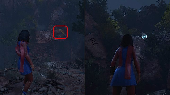 Idąc prosto dojdziesz do kolejnej dużej przepaści z charakterystycznym żółtym kawałkiem materiału po prawej stronie - Marvels Avengers: Samotna walka/To stand alone - solucja, opis przejścia - Marvels Avengers - poradnik do gry