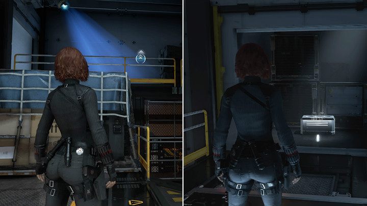 Gdy wejdziesz do pomieszczenia z dużymi zamkniętymi drzwiami odwróć się w lewo i wskocz nieco wyżej - Marvels Avengers: Samotna walka/To stand alone - solucja, opis przejścia - Marvels Avengers - poradnik do gry