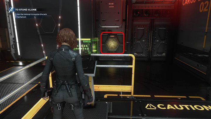 Podejdź teraz do konsoli sterowniczej i odsłoń mechanizm otwierający drzwi - Marvels Avengers: Samotna walka/To stand alone - solucja, opis przejścia - Marvels Avengers - poradnik do gry