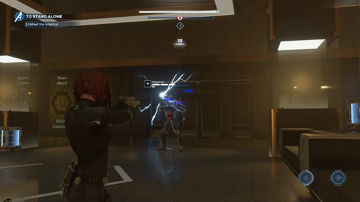 Pojedynek zaczniesz w dość sporej odległości od Adaptoida więc użyj szybko zdolności heroicznego ataku, a następnie od razu przełącz się na broń zasięgową i wystrzel w jego głowę cały magazynek - Marvels Avengers: Samotna walka/To stand alone - solucja, opis przejścia - Marvels Avengers - poradnik do gry