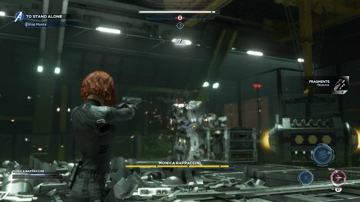 W trakcie pierwszej fazy pojedynku staraj się robić jak najlepszy użytek z broni dystansowej - mech Monici nie jest zbyt mobilny - Marvels Avengers: Samotna walka/To stand alone - solucja, opis przejścia - Marvels Avengers - poradnik do gry