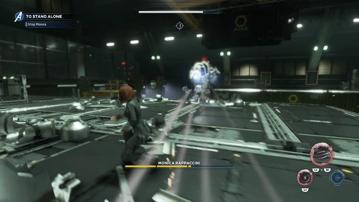 Gdy Mech stanie w miejscu i zacznie ładować działo, które ma w prawej ręce to znak, że po chwili Monica zrobi użytek z broni dalekiego zasięgu - Marvels Avengers: Monica Rappaccini - boss, jak pokonać? - Marvels Avengers - poradnik do gry