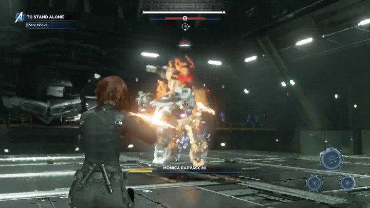 W momencie, gdy mech zasłoni swoją klatkę piersiową ramieniem, a nad jego głową pojawi się czerwony znacznik, Monica wykona szarżę - Marvels Avengers: Monica Rappaccini - boss, jak pokonać? - Marvels Avengers - poradnik do gry
