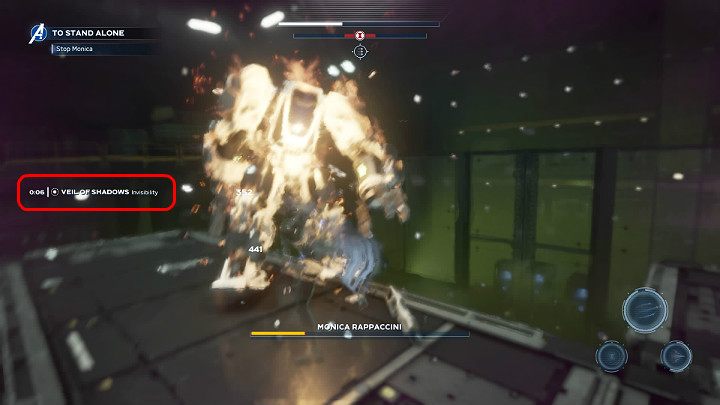 Jeśli naładuje Ci się heroiczna zdolność zasłona cieni (veil of shadows) będziesz mógł bezkarnie okładać przeciwnika przez kilka cennych sekund - Marvels Avengers: Monica Rappaccini - boss, jak pokonać? - Marvels Avengers - poradnik do gry
