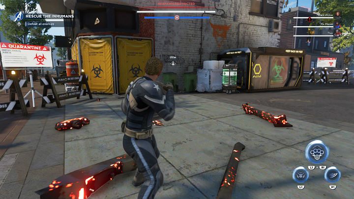 Kolejnego porwanego Inhuman znajdziesz zamkniętego w magazynie w budynku z żółtymi płachtami z charakterystycznym znakiem - Marvels Avengers: Zamieszanie na Manhattanie/Mayhem over Manhattan - solucja - Marvels Avengers - poradnik do gry