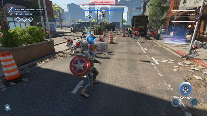Nieco dalej z prawej części mapy znajdziesz kolejnych ludzi, których trzeba uratować przed atakiem żołnierzy AIM - pomóż im w walce, a następnie udaj się do kryjówki Inhumans - Marvels Avengers: Zamieszanie na Manhattanie/Mayhem over Manhattan - solucja - Marvels Avengers - poradnik do gry