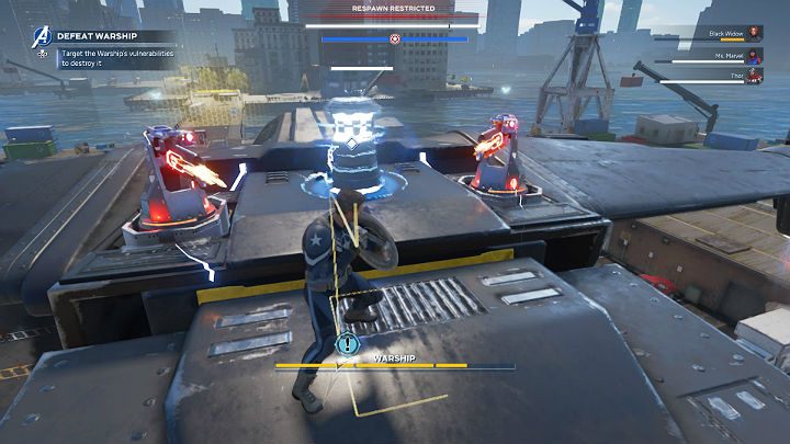 Zniszczenie wywietrzników spowodowało, że na szczycie okrętu ponownie pojawiły się wieżyczki strzelnicze i generator pola siłowego - Marvels Avengers: Zamieszanie na Manhattanie/Mayhem over Manhattan - solucja - Marvels Avengers - poradnik do gry