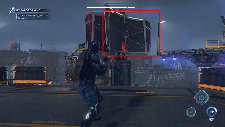 Po tym jak rozprawisz się z przeciwnikami użyj sporych rozmiarów nadajnika, by przeskoczyć na kolejną platformę - Marvels Avengers: Siłą umysłu/By Force of Mind - solucja, finałowy boss - Marvels Avengers - poradnik do gry