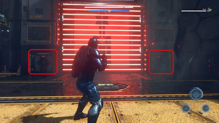 Po skończonej walce aktywuj dwa zaznaczone na powyższym obrazku przyciski, by dezaktywować pole siłowe broniące dostępu do fortecy - Marvels Avengers: Siłą umysłu/By Force of Mind - solucja, finałowy boss - Marvels Avengers - poradnik do gry