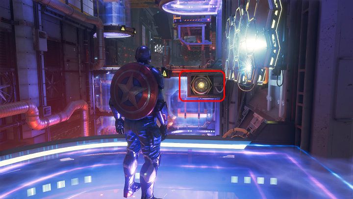 Po prawej stronie znajduje się ściana za pomocą, której będziesz mógł przeskoczyć na drugą stronę jednak jest ona podłączona do wysokiego napięcia - Marvels Avengers: Siłą umysłu/By Force of Mind - solucja, finałowy boss - Marvels Avengers - poradnik do gry