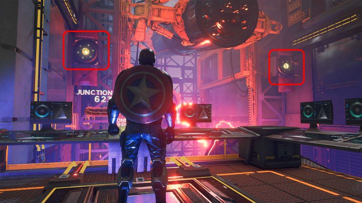 Stań na przycisku w ziemi, by odsłonić dwa przyciski na przeciwległej ścianie - rzuć w nie tarczą - Marvels Avengers: Siłą umysłu/By Force of Mind - solucja, finałowy boss - Marvels Avengers - poradnik do gry