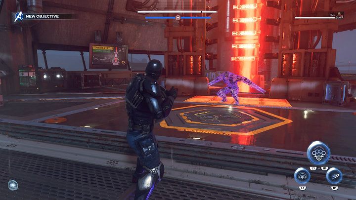 Tutaj zmierzysz się z nowym przeciwnikiem - Fazowym botem pacyfikacyjnym (Phase Riotbot) - Marvels Avengers: Siłą umysłu/By Force of Mind - solucja, finałowy boss - Marvels Avengers - poradnik do gry