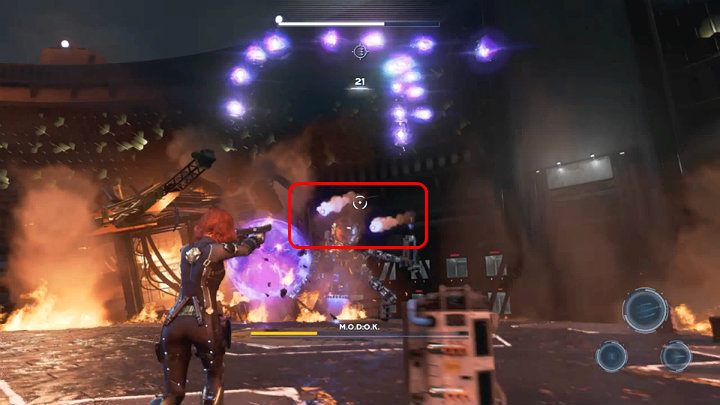 Rakiety wystrzeliwane przez MODOK-a mogą zostać zniszczone przy pomocy broni zasięgowej - Marvels Avengers: Siłą umysłu/By Force of Mind - solucja, finałowy boss - Marvels Avengers - poradnik do gry