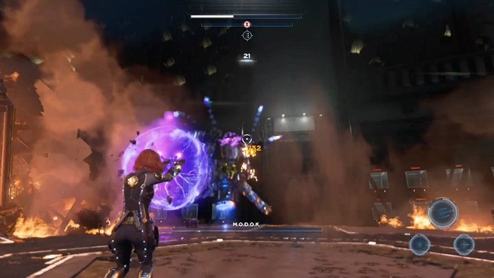 Kontynuuj walkę dystansową, aż w końcu kryształ na głowie MODOK-a zostanie rozbity i będziesz mógł przejść do finałowej fazy tego pojedynku - Marvels Avengers: Siłą umysłu/By Force of Mind - solucja, finałowy boss - Marvels Avengers - poradnik do gry