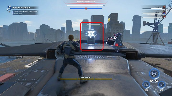 Gdy tylko wylądujesz na szczycie okrętu zniszcz wszystkie wieżyczki strzelnicze i generator - Marvels Avengers: Okręt Bojowy/Warship - boss, jak pokonać? - Marvels Avengers - poradnik do gry