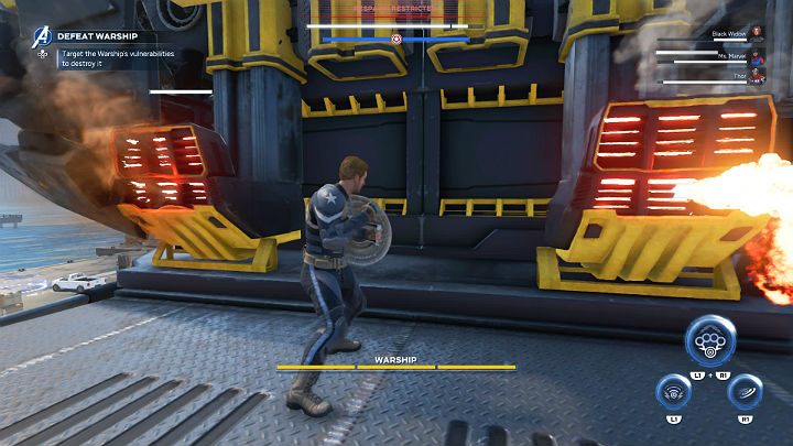 Gdy generator zostanie rozbity zeskocz na platformę poniżej po jednej ze stron samolotu i zacznij niszczyć dwa przegrzane wywietrzniki - Marvels Avengers: Okręt Bojowy/Warship - boss, jak pokonać? - Marvels Avengers - poradnik do gry