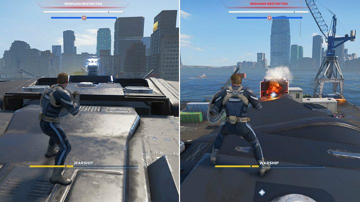 Na przodzie statku znajdziesz drugi generator, który odsłoni kolejne wywietrzniki na bocznych silnikach - Marvels Avengers: Okręt Bojowy/Warship - boss, jak pokonać? - Marvels Avengers - poradnik do gry