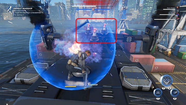 Na szczycie statku pojawią się 3 uciążliwe wieżyczki - Marvels Avengers: Okręt Bojowy/Warship - boss, jak pokonać? - Marvels Avengers - poradnik do gry