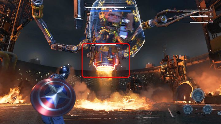 MODOK cały czas będzie unosił się w powietrzu więc wyceluj w silnik na dole kombinezonu przeciwnika i rzucaj w niego tarczą, by powalić go na ziemię - Marvels Avengers: MODOK - boss, jak pokonać? - Marvels Avengers - poradnik do gry