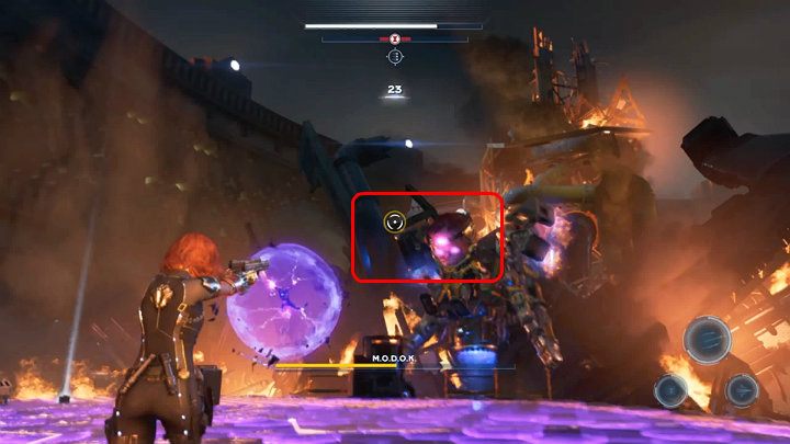 Gdy przeciwnik zacznie obracać się po obrębie areny będziesz musiał celować nieco przed niego, by Natasha trafiła w cel - Marvels Avengers: MODOK - boss, jak pokonać? - Marvels Avengers - poradnik do gry