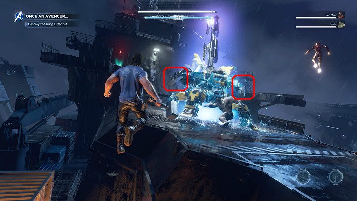 Megadreadbot nie dość, że posiada nanitową osłonę to dodatkowo może pochwalić się sporym paskiem zdrowia - Marvels Avengers: Avenger na zawsze.../Once an Avenger - solucja - Marvels Avengers - poradnik do gry