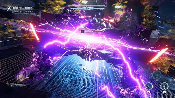 Gdy poziom zdrowia Megadreadbota spadnie do około 50% Tarleton osłoni swoją maszynę specjalną tarczą ochronną - Marvels Avengers: Avenger na zawsze.../Once an Avenger - solucja - Marvels Avengers - poradnik do gry