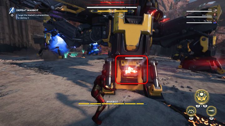 Zwróć uwagę na przegrzewające się wywietrzniki w nogach - to Twój pierwszy cel - Marvels Avengers: Agonia i Mrowisko/Agony and the Ant Hill - solucja - Marvels Avengers - poradnik do gry