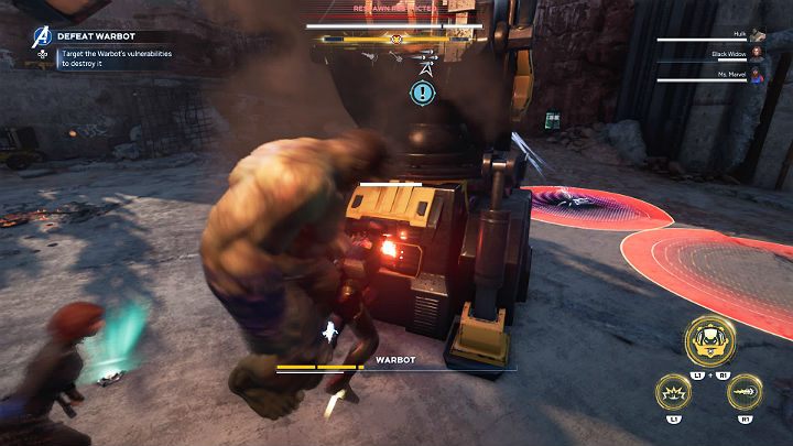 Wywietrzniki na przedniej i tylnej części nóg Bota Bojowego możesz zniszczyć jeden po drugim i metodycznie przechodzić do kolejnych odnóży - Marvels Avengers: Agonia i Mrowisko/Agony and the Ant Hill - solucja - Marvels Avengers - poradnik do gry