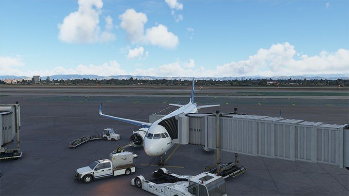 Jeśli miejsce parkingowe oddalone jest od terminala, może pojawić się opcja dojazdu schodów (ramp connection) - Flight Simulator: Obsługa naziemna (Ground Services) - Microsoft Flight Simulator 2020 - poradnik do gry