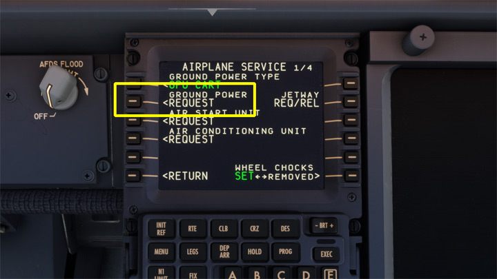 Wybierzcie opcję GROUND SERVICES, a następnie Ground Power - REQUEST - PMDG 737: Cold Start i plan lotu w FMC - Microsoft Flight Simulator 2020 - poradnik do gry