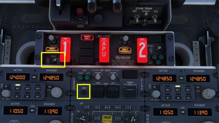 Opcjonalnie można sprawdzić działanie systemów przeciwpożarowych klikając zaznaczone przełączniki - PMDG 737: Cold Start i plan lotu w FMC - Microsoft Flight Simulator 2020 - poradnik do gry