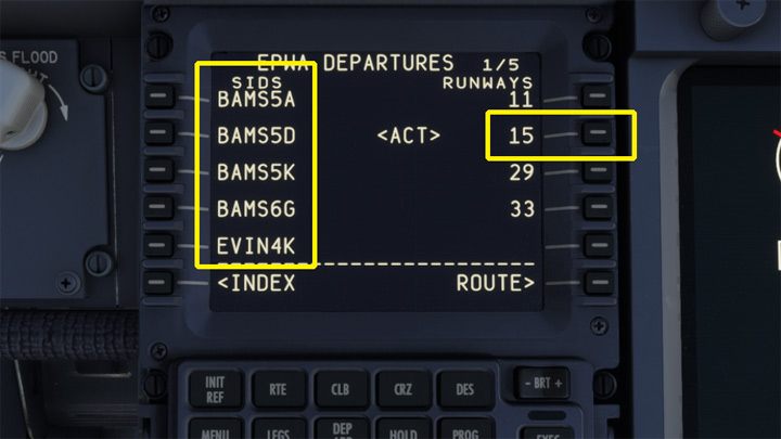 Najpierw wybieracie numer pasa wskazany w planie lub przez kontrolera z wieży, a następnie procedurę SID z planu - PMDG 737: Cold Start i plan lotu w FMC - Microsoft Flight Simulator 2020 - poradnik do gry
